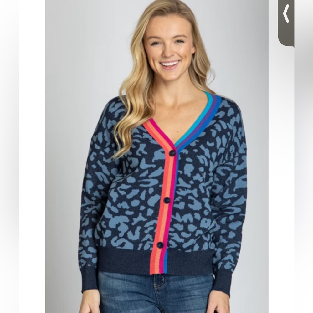 APNY Leopard Print Cardigan Womens Large Blue Rainbow Trim Excellent Animal Knit